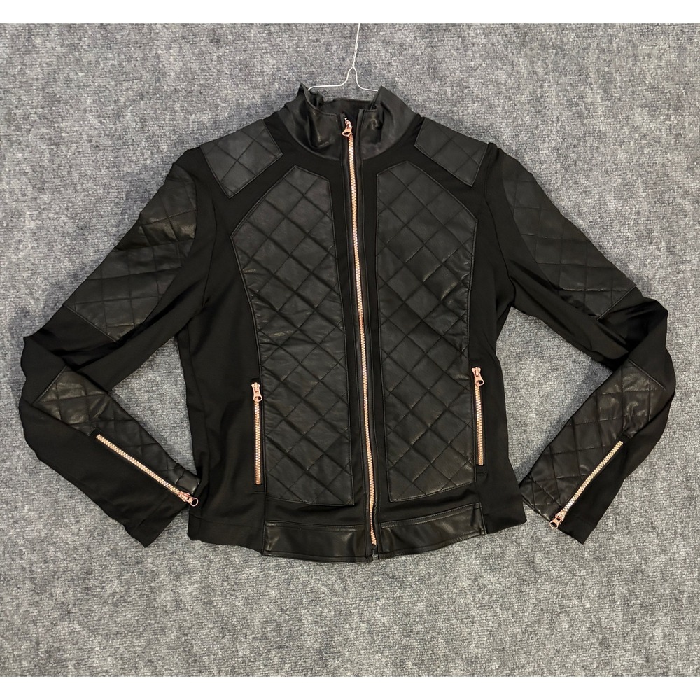 Victoria Sport Black Quilted Moto Jacket Rose Gold Zip Women Small